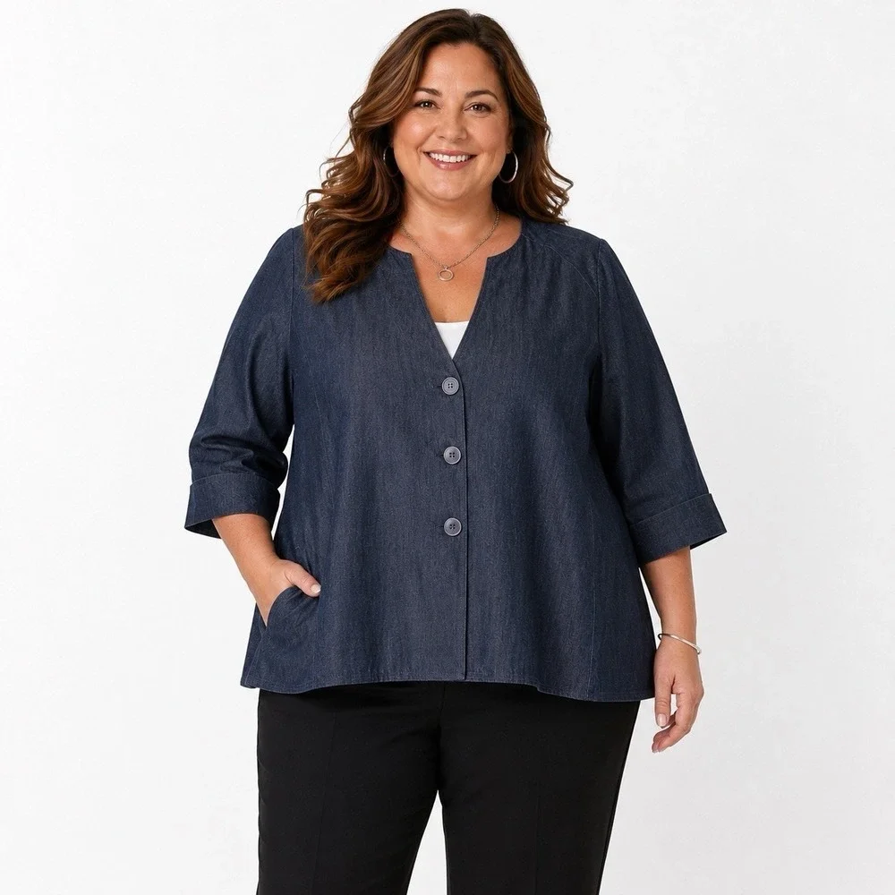 Signature By Larry Levine Womens 24W Blue Denim Look Lined Jacket Blazer